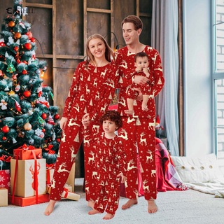 EASTHILL Coincidencia Familia Navidad Pijamas Conjuntos , Pjs Con Reno Impreso Tops Rojos + Pantalones De Vacaciones Ropa De Dormir