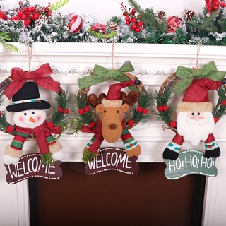 corona de navidad para puerta delantera, decoración de signo de bienvenida con papá noel, muñeco de nieve/muñeca colgante de fiesta en casa, guirnalda para ventana de pared (8)