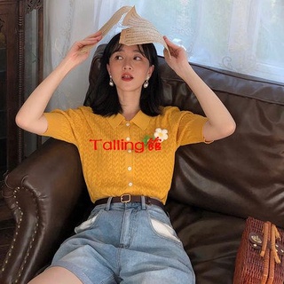 Knitwear yellow hollow out cardigan polo shirt short sleeve Ice Silk micro transparent lapel knitted top for women Summe
