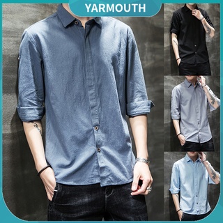 Yar_camisa De Manga De 3/4 con cuello en forma De algodón y lino De color sólido para hombre