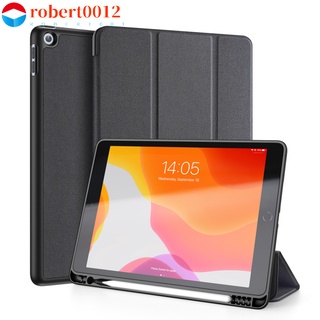 robert0012 For iPad 7 10.2 2019 Tablet Cover Solid Color Textured Leather Auto-Sleep/Wake Smart Shell Pen Holder Stand Function Anti-fall Overall Protection