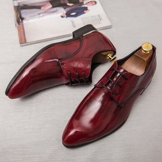 Tamaño 38-48 de los hombres Formal de cuero de patente zapatos de negocios puntiagudo del dedo del pie cordones zapatos rojo (4)