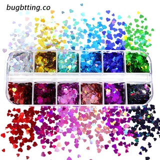 bugbtting 12 Grids/Box Holographic Glitter Love Heart Shape Epoxy Resin Filling Sequins