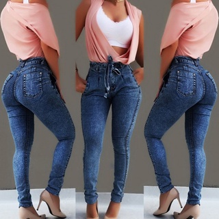 Ladies Elastic Slim Fringe Belt High Waist Jeans Casual Fashion Jeans (6)
