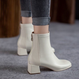 Cabeza cuadrada de la moda francesa de tacón alto botas blancas botas cortas de las mujeres botas individuales 2021 minoría te:2021 [bfhf551.my] (1)