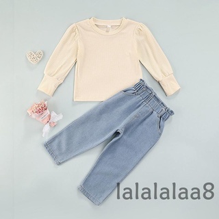 Laa8-yh 2 piezas de trajes de Color sólido para bebés, niñas acanaladas Puff manga cuello redondo jersey + Jeans con bolsillos