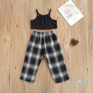 Anana-bebé conjunto de ropa de niñas, Color sólido sin mangas cuello redondo Sling Tops + cuadros impresión elástica cintura pantalones