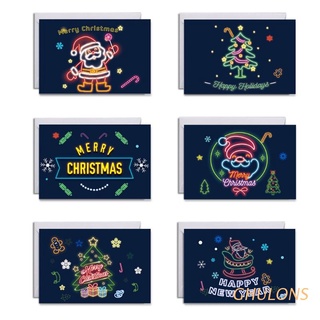 ghulons 6 unids/set de tarjetas de felicitación de navidad con sobres pegatinas de neón feliz navidad santa árbol diseños de vacaciones de invierno postales suministros de fiesta