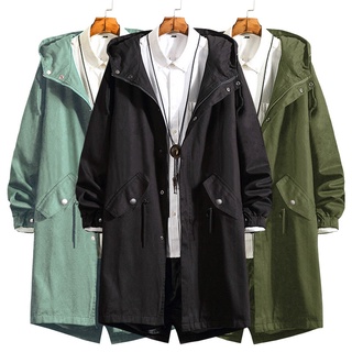 Nuevo abrigo de los hombres de primavera y otoño guapo cortavientos de longitud media abrigo con capucha