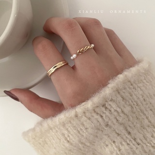 Cadena de perlas conjunto de dos piezas anillo de dedo índice personalidad de moda Simple pulsera anillo femenino Luz de lujo de la minoria exquisitainsMarea anillo