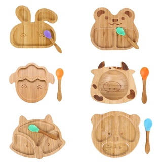 WIT Baby Infants Natural Bamboo Bowl Spoon Set Cartoon Animal Divided Dinner Plate