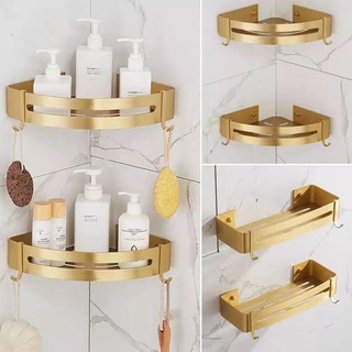 Cepillado oro estante de baño tocador de baño triángulo cesta con dos ganchos montado en la pared punch estante de almacenamiento trípode de aleación de aluminio accesorios de baño