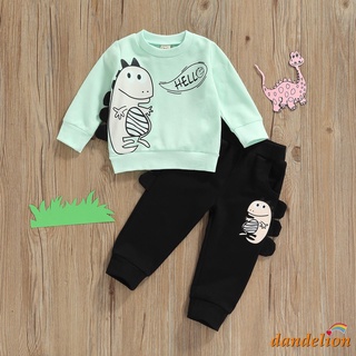 Diente de león-bebé niño otoño trajes conjunto, manga larga de dibujos animados dinosaurio impresión jersey Tops + cintura elástica pantalones conjunto