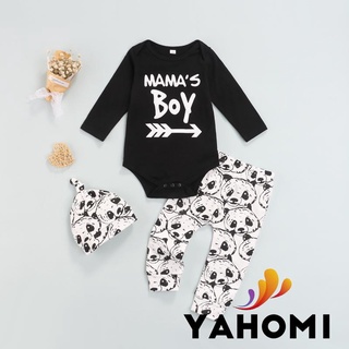 Yaho 3 piezas bebé impreso trajes niño manga larga cuello redondo pijama + pantalones + gorra anudada