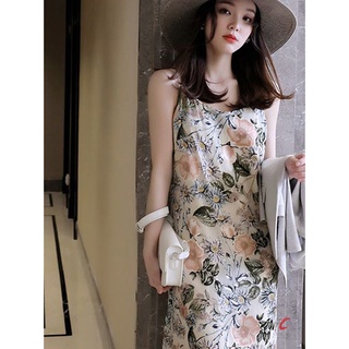 mujer floral impreso sling vestido delgado correa de hombro retro sin mangas suelta media longitud vestido para verano baile