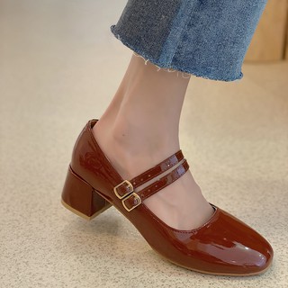 Retro simple punta cuadrada Mary Jane zapatos primavera 2021 nuevo estilo británico elegante tacones altos tacón grueso pequeños zapatos de cuero mujeres