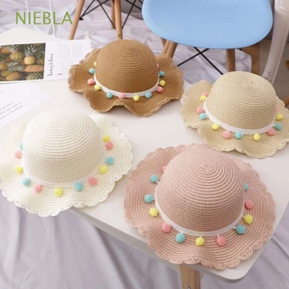 NIEBLA Fashion Beach Hat Girls Bucket Cap Handbag Portable Pompom Ball Large Sun Protection Floppy Kids Straw Woven/Multicolor