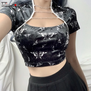 Cheongsam mejorado superior de manga corta Camisa de mujer de estampado de mariposa ombligo calle Sexy moda de las mujeres