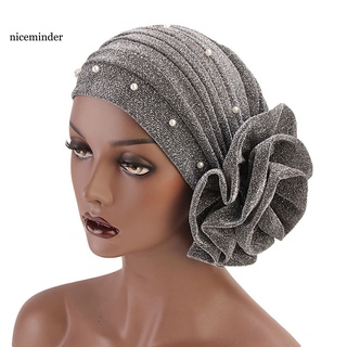 Znce_ moda imitación perla decoración gran flor mujeres elástico sombrero suave cabeza envoltura gorra regalos (4)