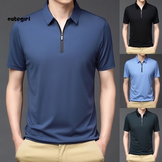 Turn-down cuello de los hombres camisa de Color sólido Casual cremallera de manga corta elástica camisa Streetwear
