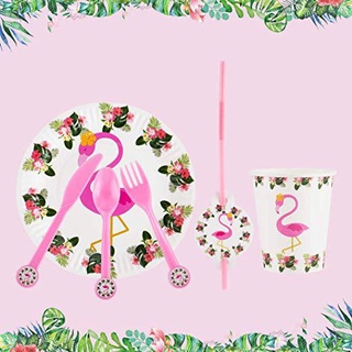Flamingo tema desechable vajilla decoración conjunto bandera torta Topper plato paja bebé fiesta de cumpleaños necesidades (5)