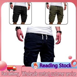 ygy_ hombres elegante verano color sólido multi bolsillos cordón quinto pantalones cortos de playa