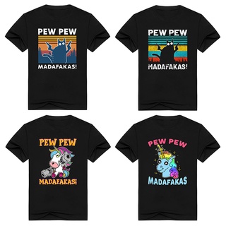 Pew Pew Madafakas 100% algodón camisa novedad divertido gato Vintage cuello redondo hombres camiseta Humor mujeres Top Tee Streetwear
