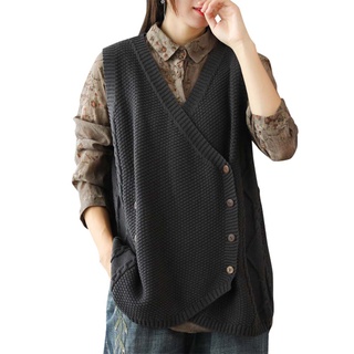 las mujeres suéter chaleco sin mangas suelto botón abajo cuello v color sólido chaleco de punto