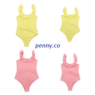 NNY Mother Daughter One-Piece Off Shoulder Bikini Sweet Solid Candy Color Monokini Ruffles Flounce Shoulder Strap Swimsuit Cross V Backless Bodysuit