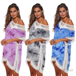 BEF Women Short Sleeve Swimsuit Cover Ups Tie-Dye Hollow Out Crochet Patchwork Tunic Tops Sexy V-Neck Loose Beach Dress