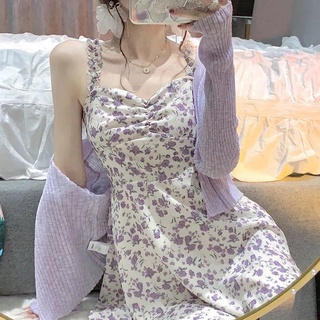 Vestido con correa Floral púrpura para mujer verano2021Nuevo estilo pequeño diseño sentido nicho cintura adelgazamiento falda (1)