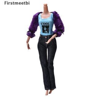 [firstmeetbi] 3 unids/set abrigo de piel traje para barbie muñecas negro pantalones de piel púrpura abrigo moda niño caliente