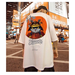 Moda Japonesa Calle T-shirt Menswear Camisa Camiseta De Los Hombres De Gran Tamaño De Manga Corta Unisex Samurai Gato Impresión Pareja Top Tee (3)