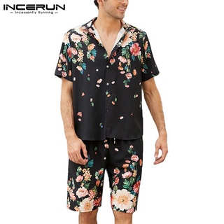 Incerun Mens Casual Floral manga corta camisas+pantalones cortos pijamas conjunto (1)