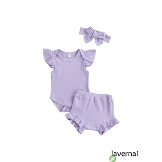 ☆Ix❥3 piezas de trajes de verano recién nacidos, bebé niñas acanalado cuello redondo mosca manga mameluco + pantalones cortos de volantes + diadema Bowknot