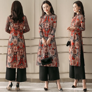 otoño e invierno nuevo estilo étnico ropa de mujer china señoras temperamento impreso vestido + pantalones de pierna ancha conjunto de 2 piezas