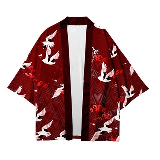 Más el tamaño de la grúa roja impresión suelta Cardigan mujeres hombres Harajuku Kimono Cosplay Tops camisas Yukata ropa