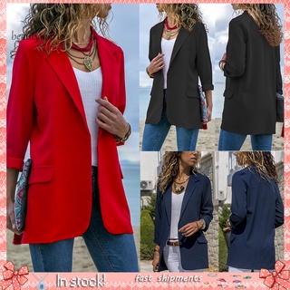 bxz_moda mujer color sólido solapa manga larga casual slim blazer abrigo traje chaqueta