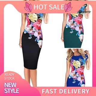 【Ready Stock】Dress_Party Summer Fashion Women Floral Print Split Sleeveless Bodycon Midi Dress