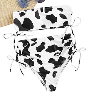 Women's Sexy High Breast Contrast Cow Print Tube Top Split Bikini Set Swimsuit