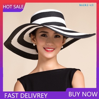 NSMZ_ Women Fashion Stripe Wide Brim Floppy Straw Hat Foldable Summer Beach Sun Cap