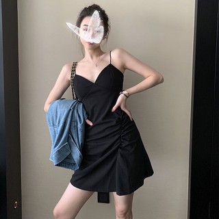 Negro corto retro plisado vestido femenino 2021 cintura alta adelgazante bolsa de cadera liguero falda pequeño vestido negro (1)