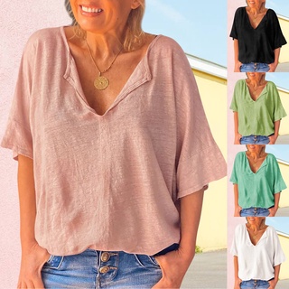 (wopyt.br) Mujeres de gran tamaño Casual algodón lino Color sólido cuello en V manga corta Tops