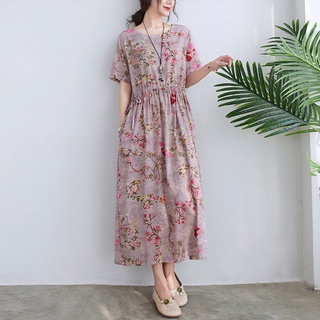Vestido floral de manga corta de algodón y lino estampado de verano con falda larga a la cintura