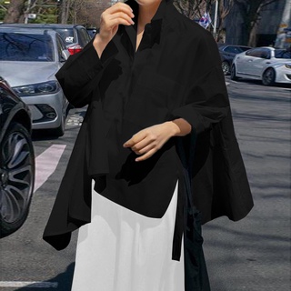 Zanzea mujeres manga larga dobladillo asimétrico cuello de solapa algodón Casual blusa suelta (6)
