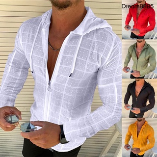 [Dm MJkt] hombres otoño invierno manga larga sudadera con capucha cremallera cordón Check Gird Slim abrigo chaqueta