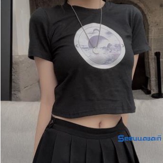 See-Tops Crop Tops de cuello redondo para mujer, Vintage manga corta con estampado de luna Slim ajustado camisetas