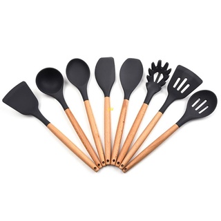 Yu - juego de 8 utensilios de cocina de silicona antiadherente, con mango de madera, resistente al calor, silicona, herramientas de cocina