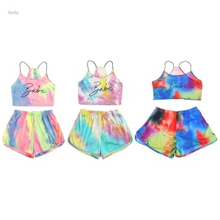lucky mujeres tie-dye letra 2 piezas conjunto degradado arco iris cami crop top shorts chándal