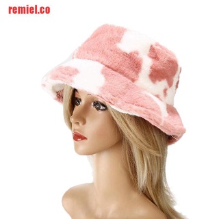 【remiel】Winter Cow Print Plush Bucket Hats for Women Outdoor Warm Hat